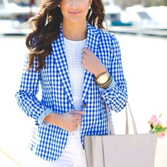 J Crew 100% Linen Campbell Blazer Jacket Navy Blue White Gingham Check Size 0 - Picture 12 of 14